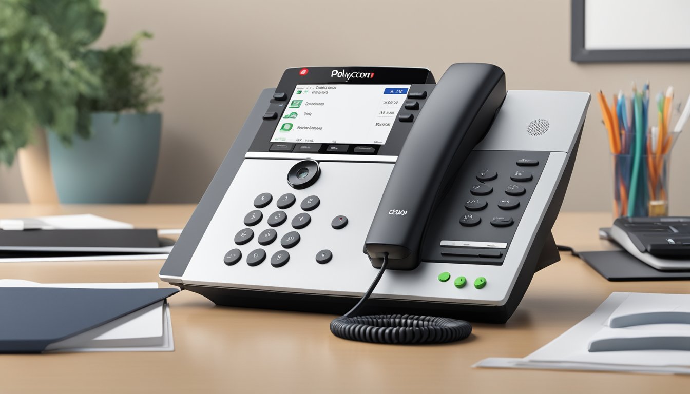 The Polycom CX200 Desktop Phone is being set up on a clean, clutter-free desk, with the necessary cables and connectors neatly arranged