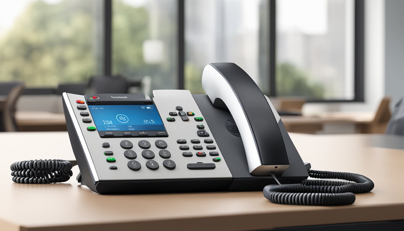 A Polycom CX200 Desktop Phone sits on a clean desk, illuminated by soft natural light. The phone's sleek design and clear display give off a professional and modern vibe