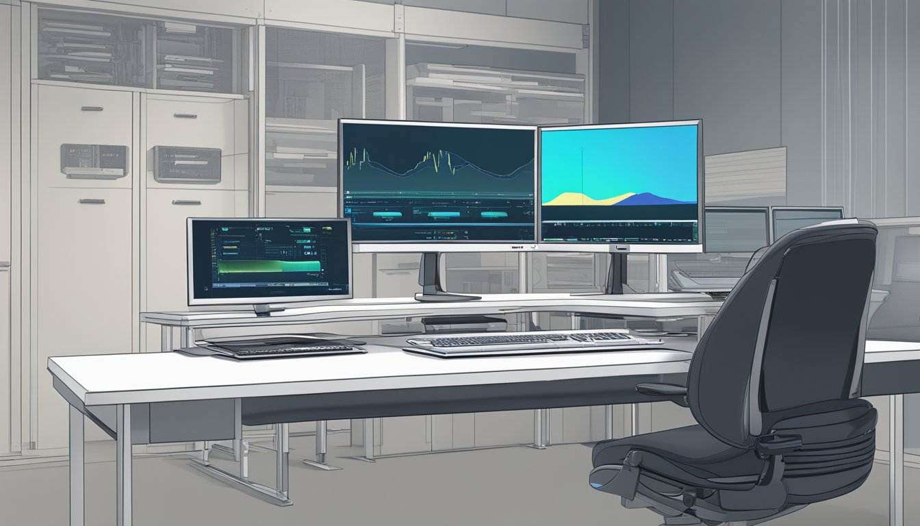 A Tandberg Codec C60 sits on a sleek, modern desk, surrounded by cables and connected to a large display screen
