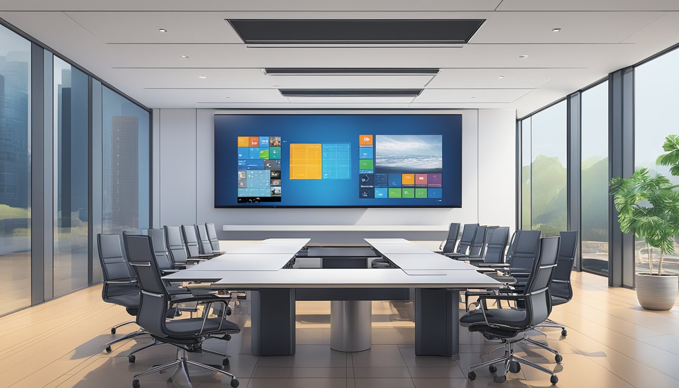 A Tandberg Codec C60 sits on a sleek, modern conference room table, surrounded by high-tech audiovisual equipment and connected to large display screens
