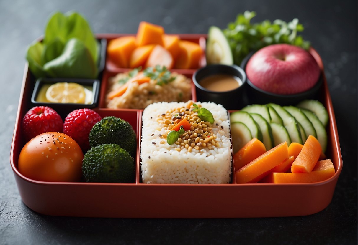 A colorful array of bento boxes filled with playful and healthy food items, arranged in an eye-catching and artistic manner