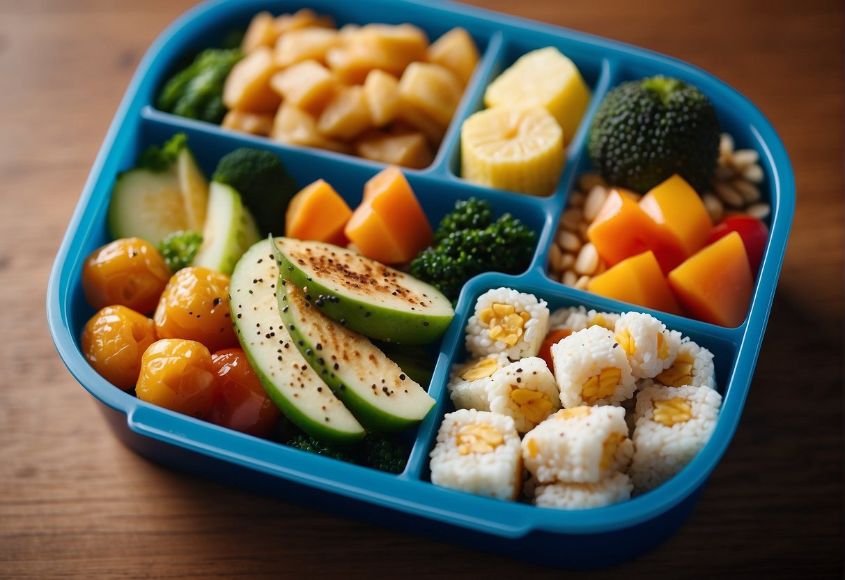A colorful bento box filled with a variety of healthy and appealing foods, arranged in an artistic and creative manner