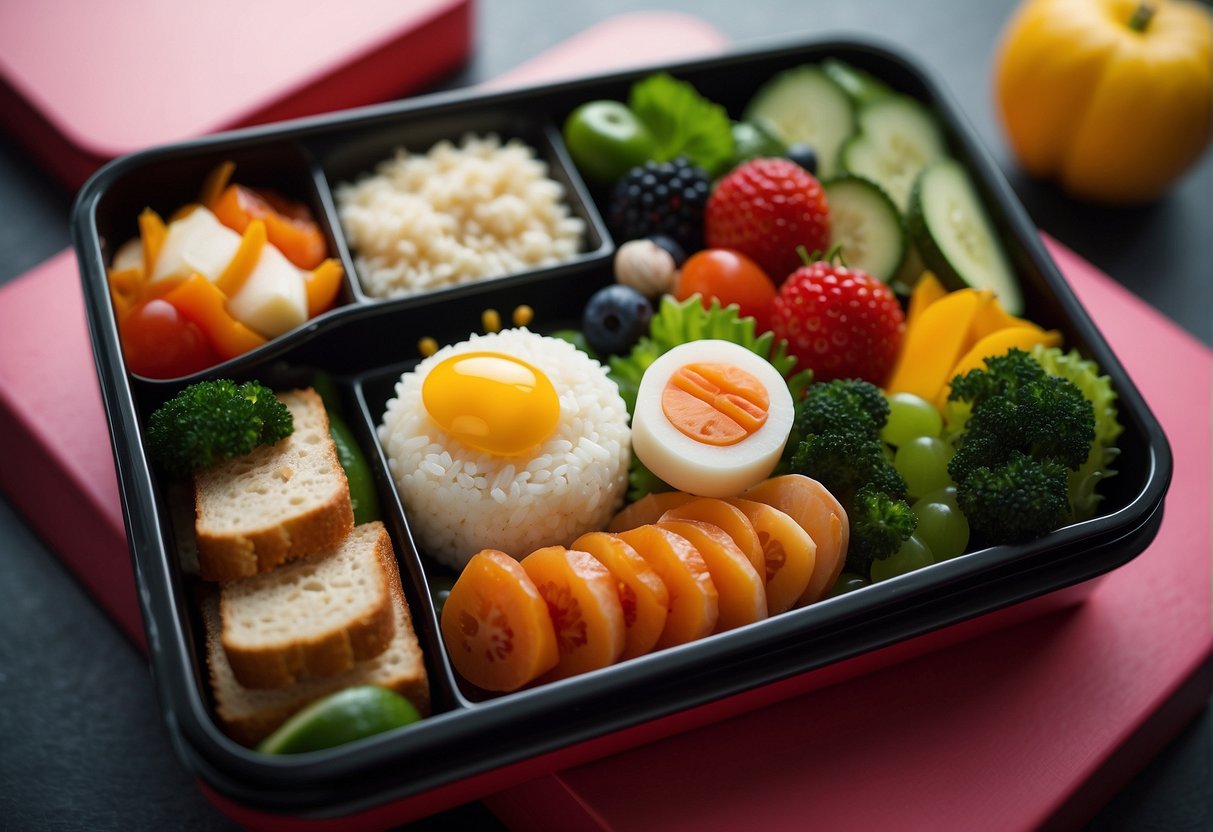 A colorful bento box filled with various shaped and vibrant food items arranged in an artistic and playful manner