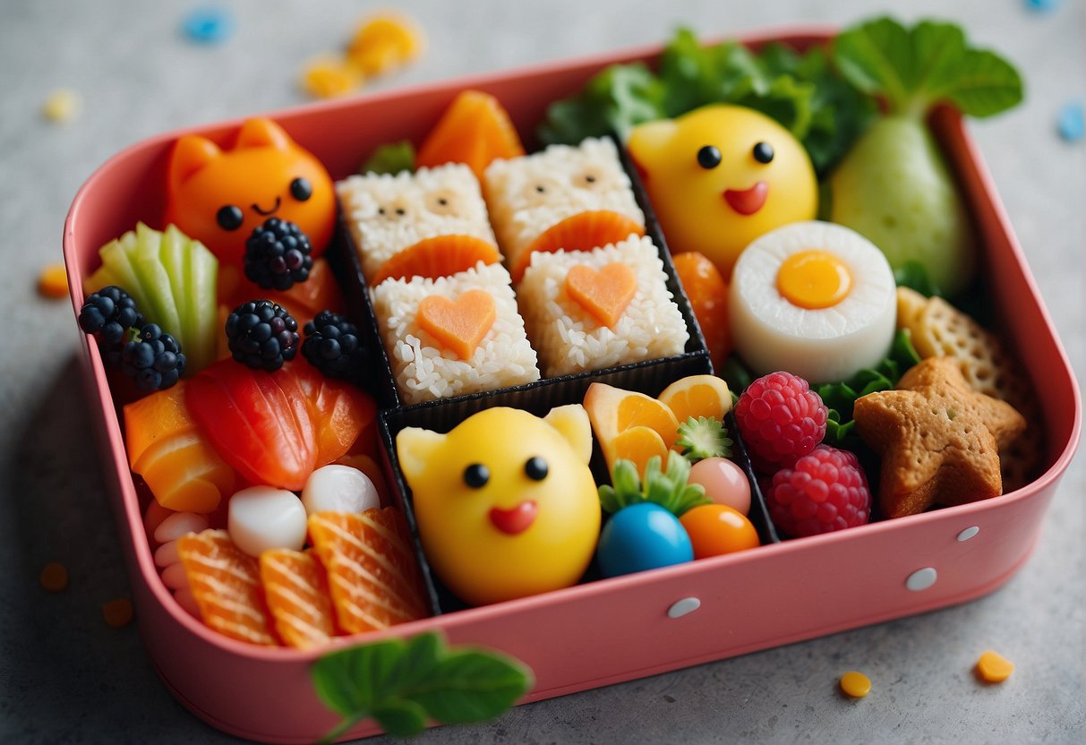 A colorful array of fun-shaped food items arranged in a playful and artistic manner inside a bento box, with vibrant colors and a whimsical theme