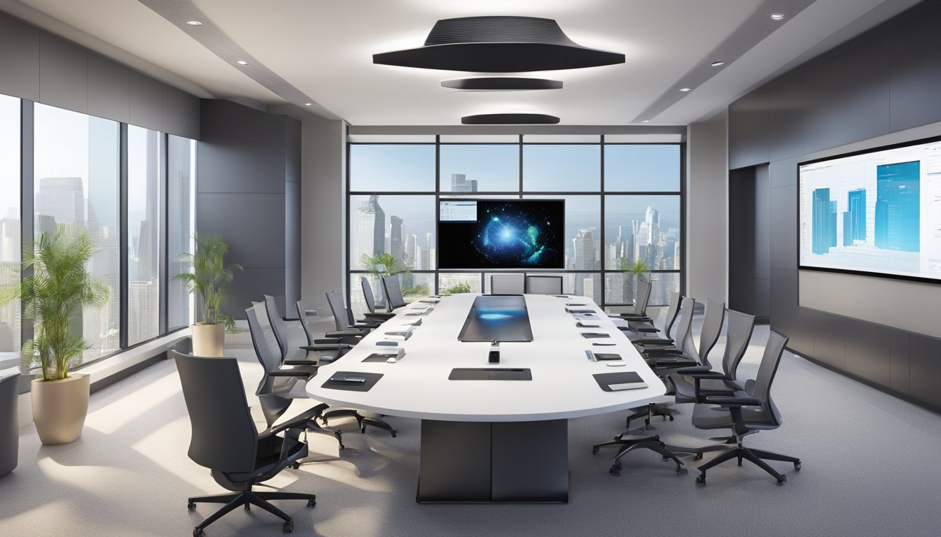 A sleek Polycom Telepresence system sits on a modern conference table, surrounded by high-tech equipment and a professional setting