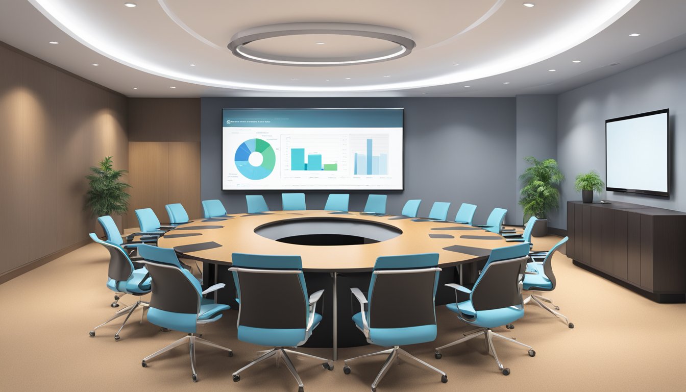 A sleek, modern conference room with a large Polycom Telepresence screen dominating one wall. Comfortable chairs are arranged in a semi-circle facing the screen, with a polished table in the center