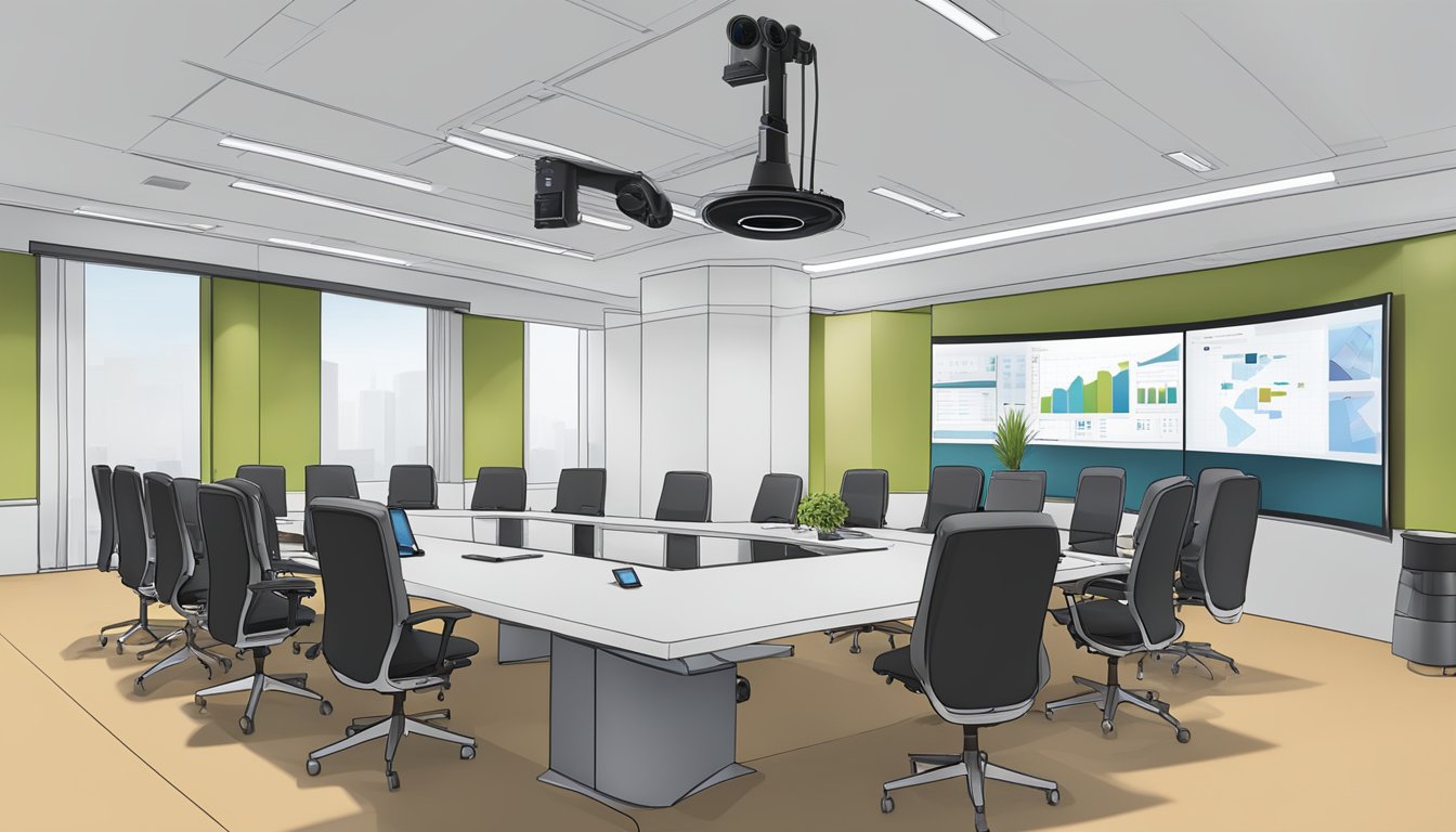 A modern conference room with Polycom Telepresence equipment, including large screens, cameras, and microphones, set up for a virtual meeting