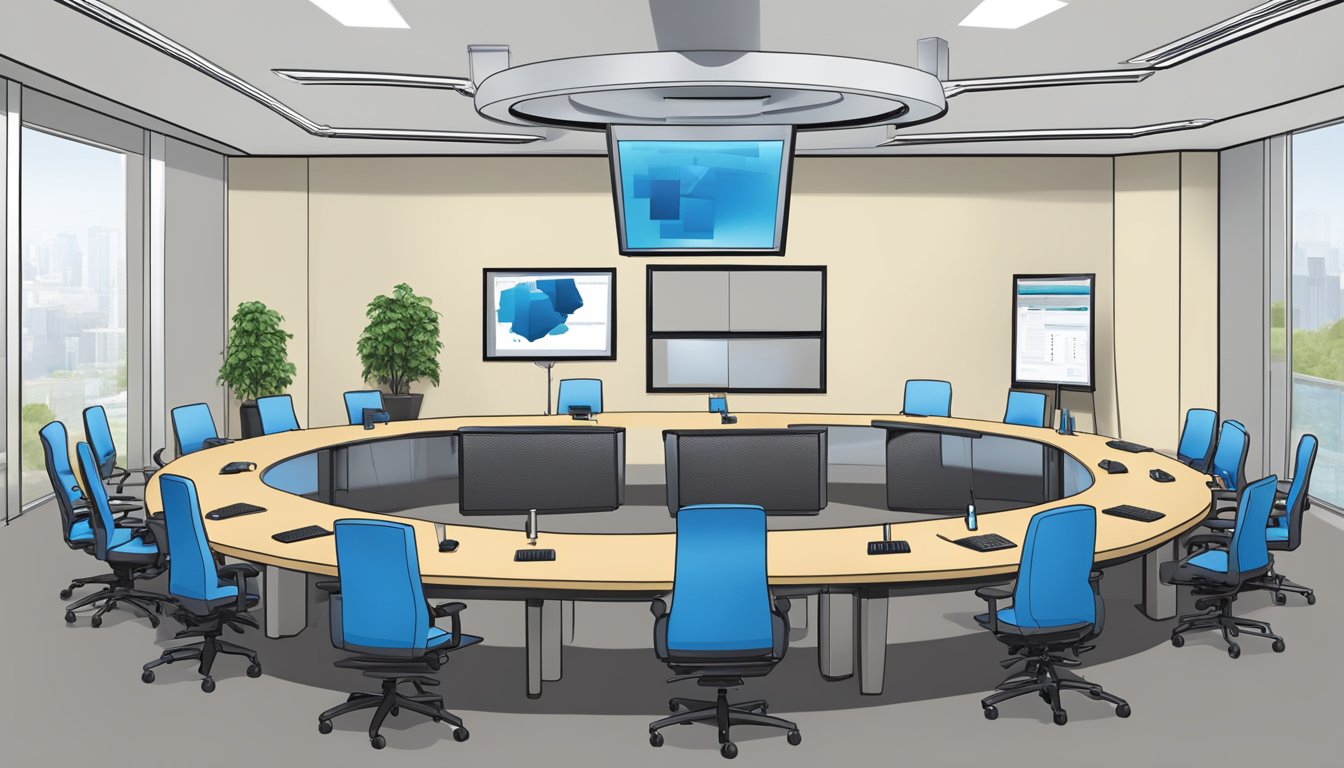 A conference room with Polycom Telepresence equipment set up for deployment and implementation. Tables, chairs, and technical equipment arranged in a professional and organized manner