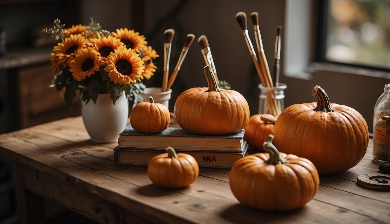 A table with pumpkins, paintbrushes, and paint. A sign reads 