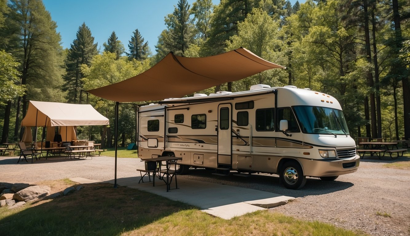 An RV parked in a scenic campground with a picnic table, awning, and outdoor grill. A clear blue sky and lush green trees surround the vehicle
