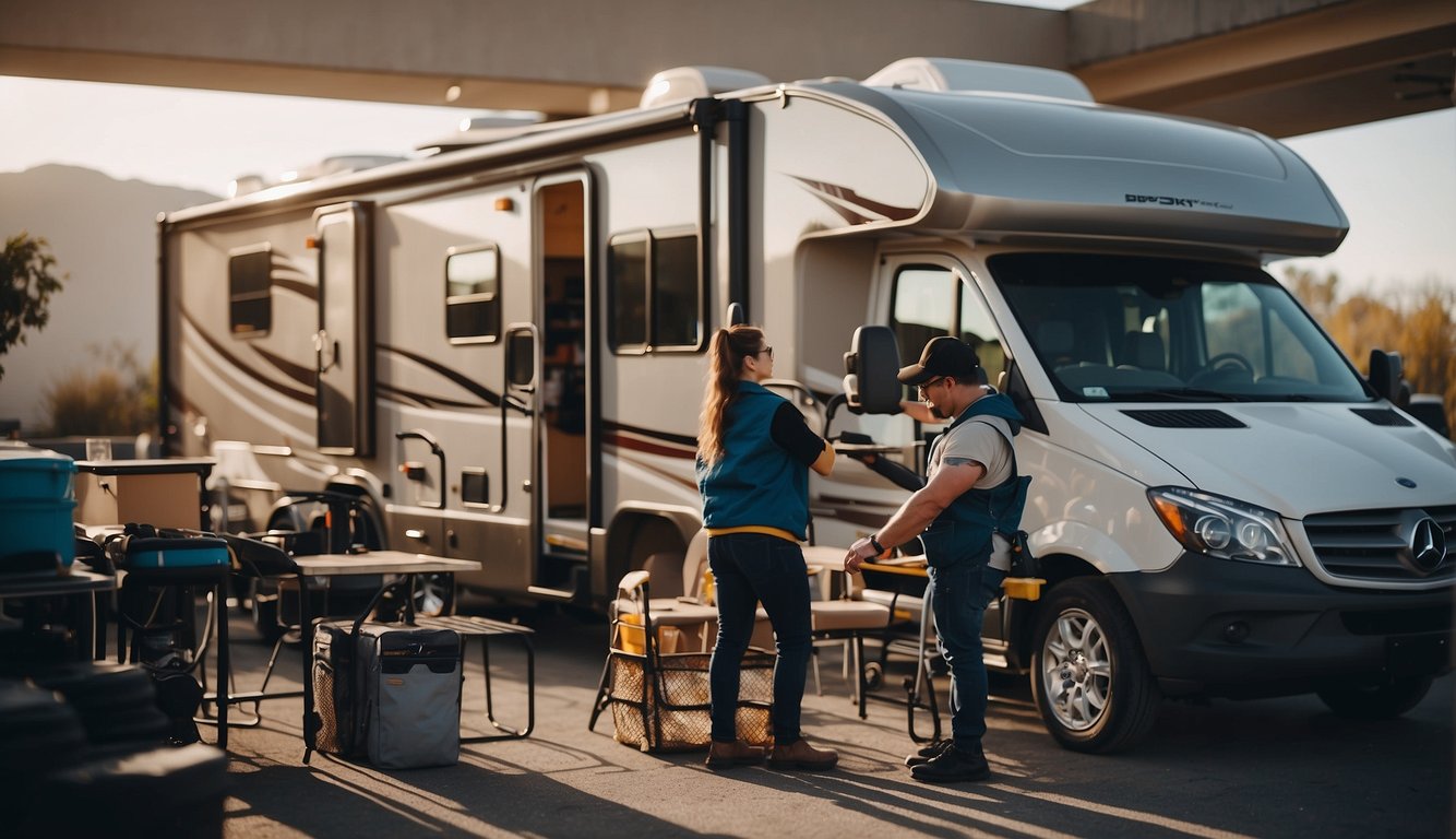 A person purchasing an RV from a dealership, surrounded by various maintenance tools and supplies