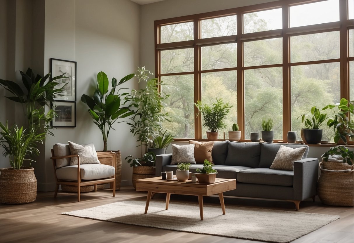 A serene living room with open windows, potted plants, and natural light. Eco-friendly air fresheners like essential oil diffusers and bamboo charcoal bags are placed strategically around the room, creating a fresh and healthy atmosphere