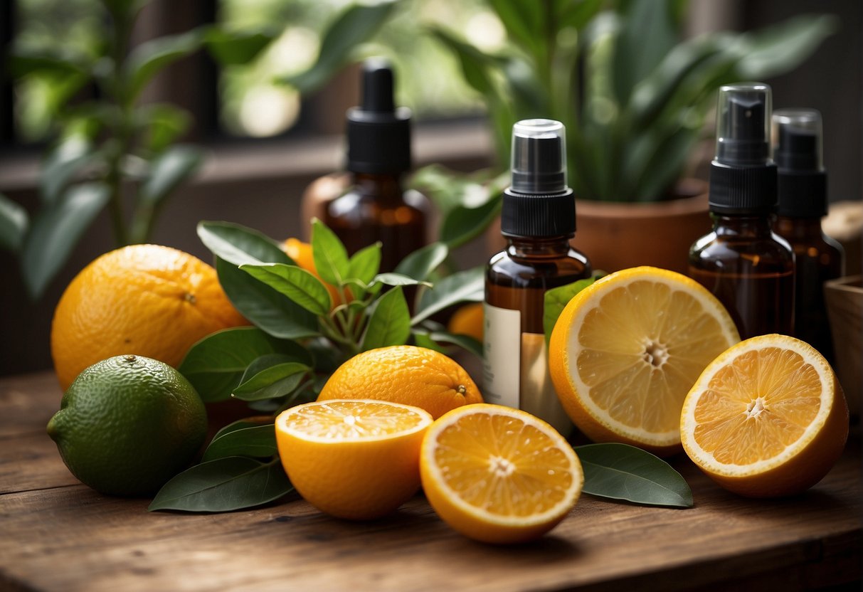 A table with natural ingredients like citrus fruits, herbs, and essential oils arranged next to empty containers and spray bottles