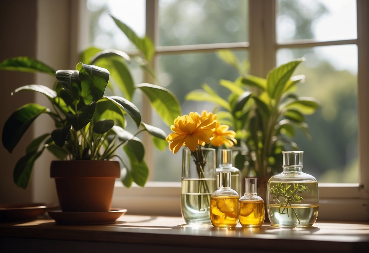 A sunny room with open windows, plants, and natural air fresheners like citrus peels and essential oil diffusers