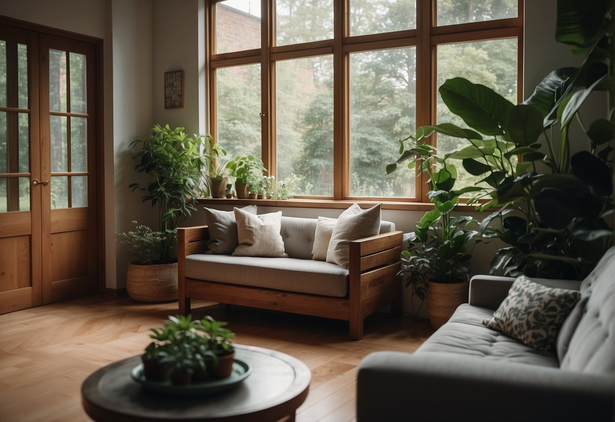 A serene living room with open windows, surrounded by lush green plants. A natural, eco-friendly air freshener emits a subtle, refreshing scent, creating a healthier and more inviting atmosphere