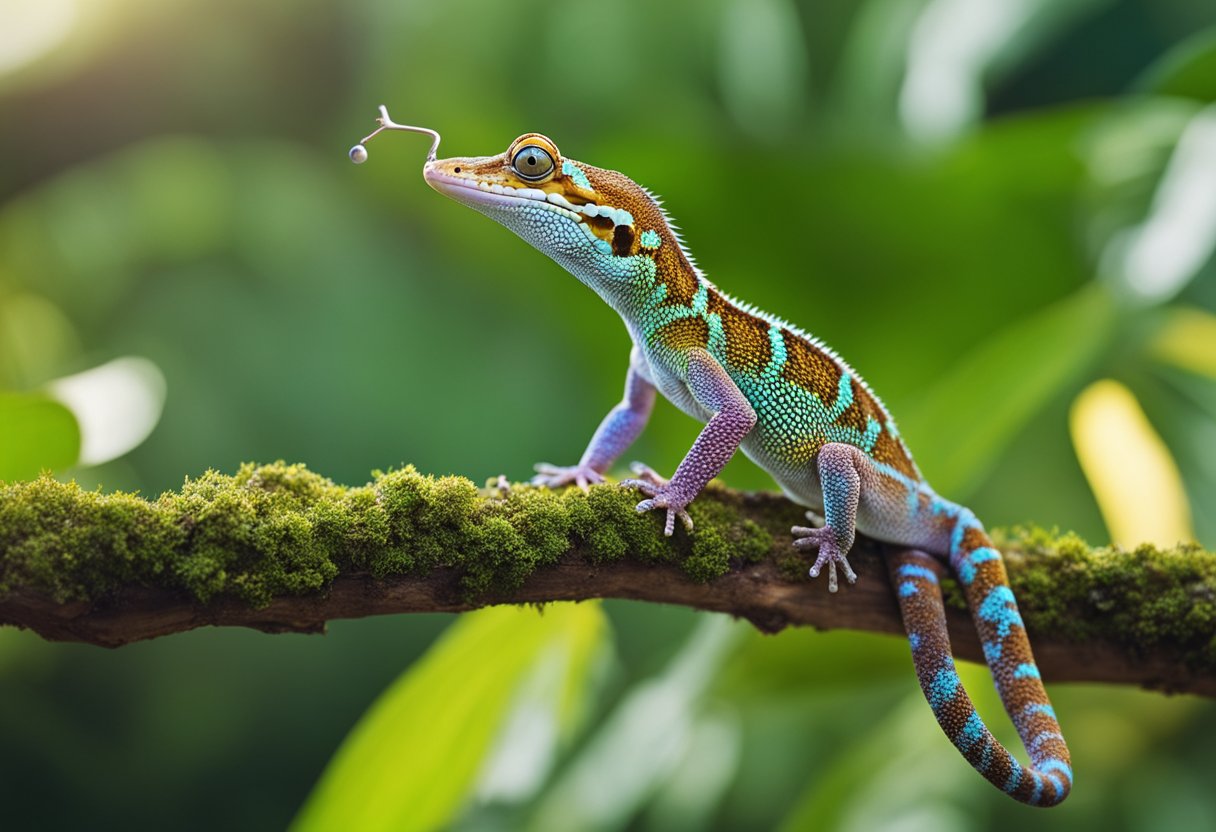 A gecko emits vocalizations while perched on a branch, dispelling common myths. Its vibrant colors and unique features are highlighted in the illustration