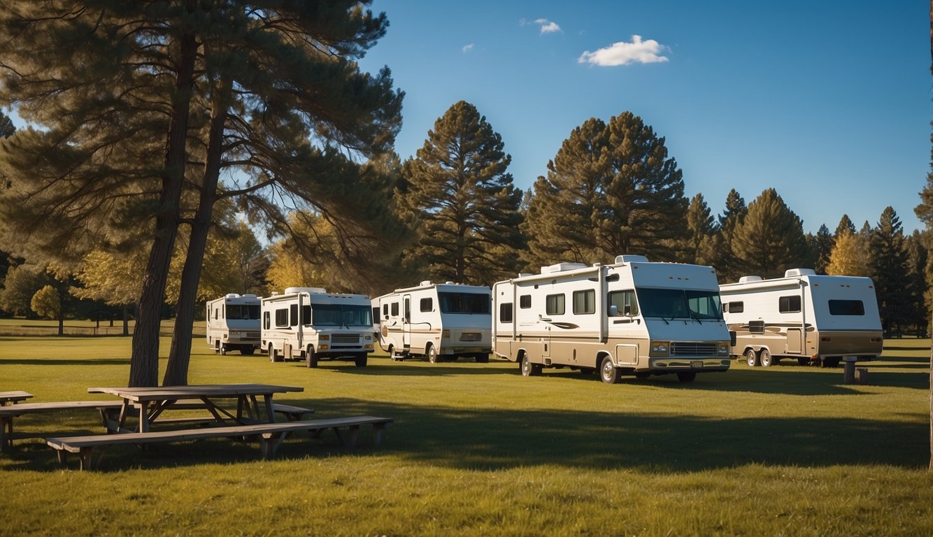 RVs parked in a grassy field with tall trees and picnic tables. A clear blue sky and a gentle breeze