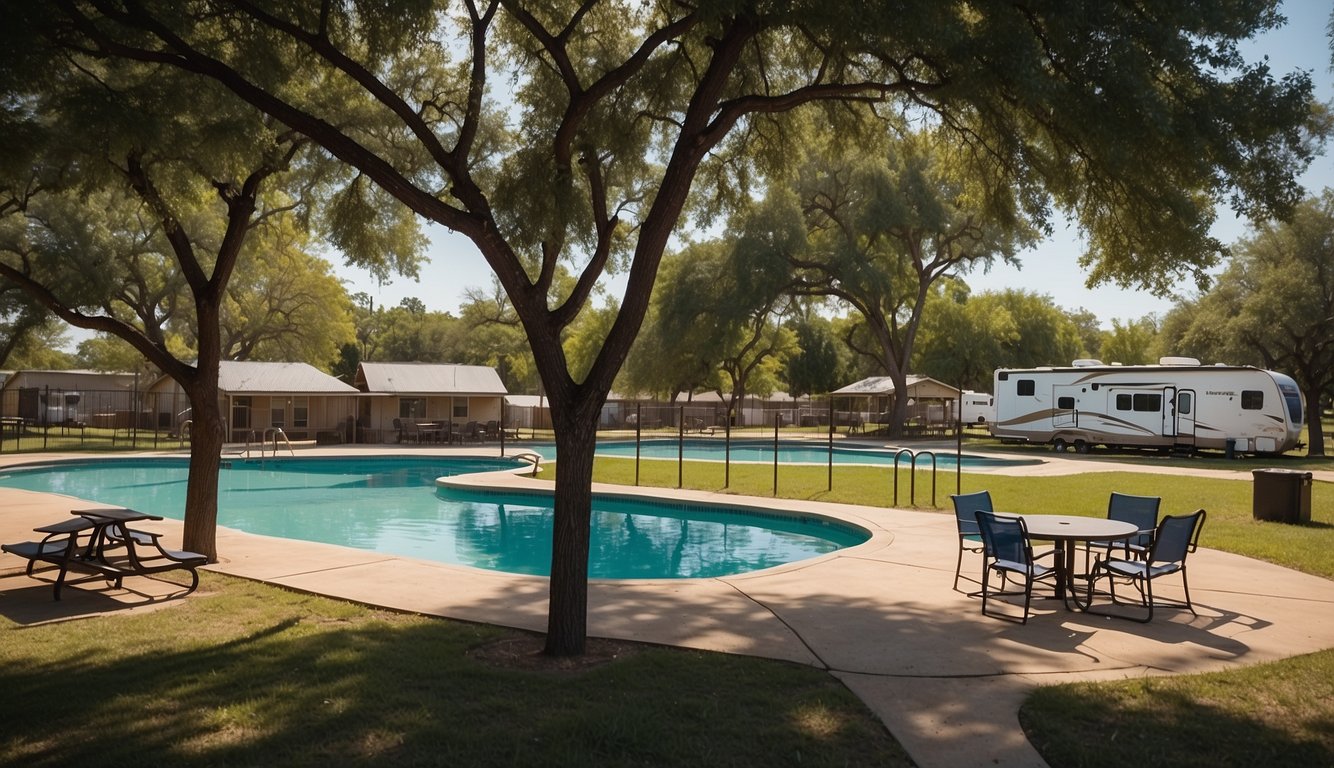 The RV park in Taylor, Texas features a swimming pool, playground, and picnic area, surrounded by lush greenery and tall shade trees