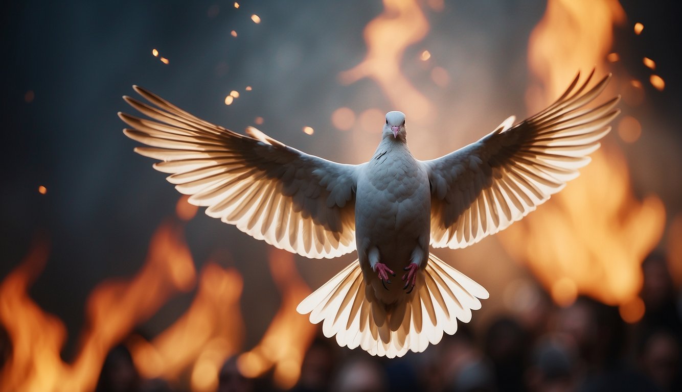 A dove descends from heaven, surrounded by flames, as tongues of fire appear over the heads of believers