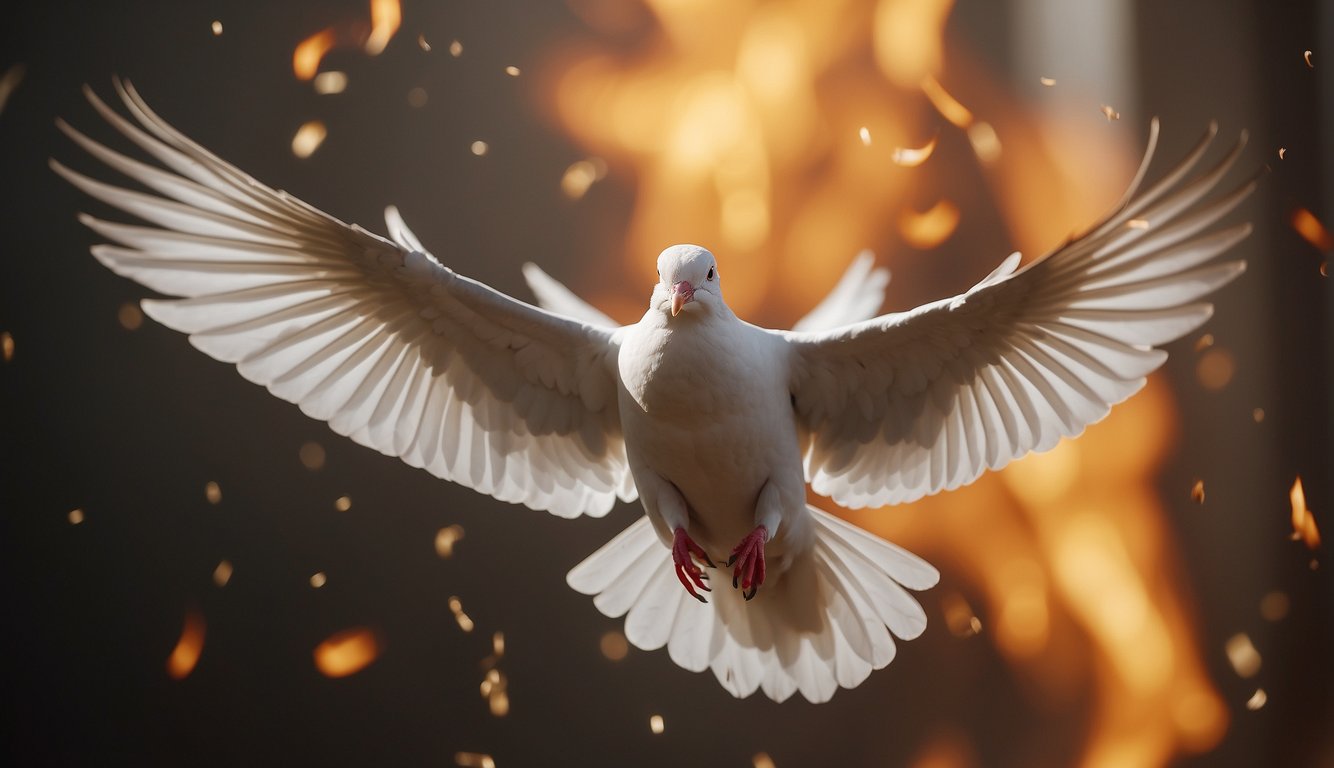 A dove descends from heaven, tongues of fire appear, and a sound like a rushing wind fills the room. An overwhelming sense of joy and power is evident on the faces of those present