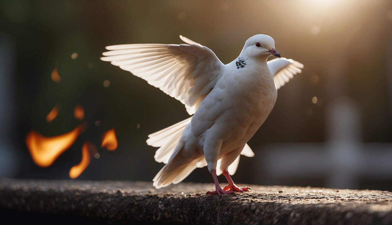 A dove descends, tongues of fire appear. Faith and repentance are symbolized. Holy Spirit baptism is evident through speaking in tongues