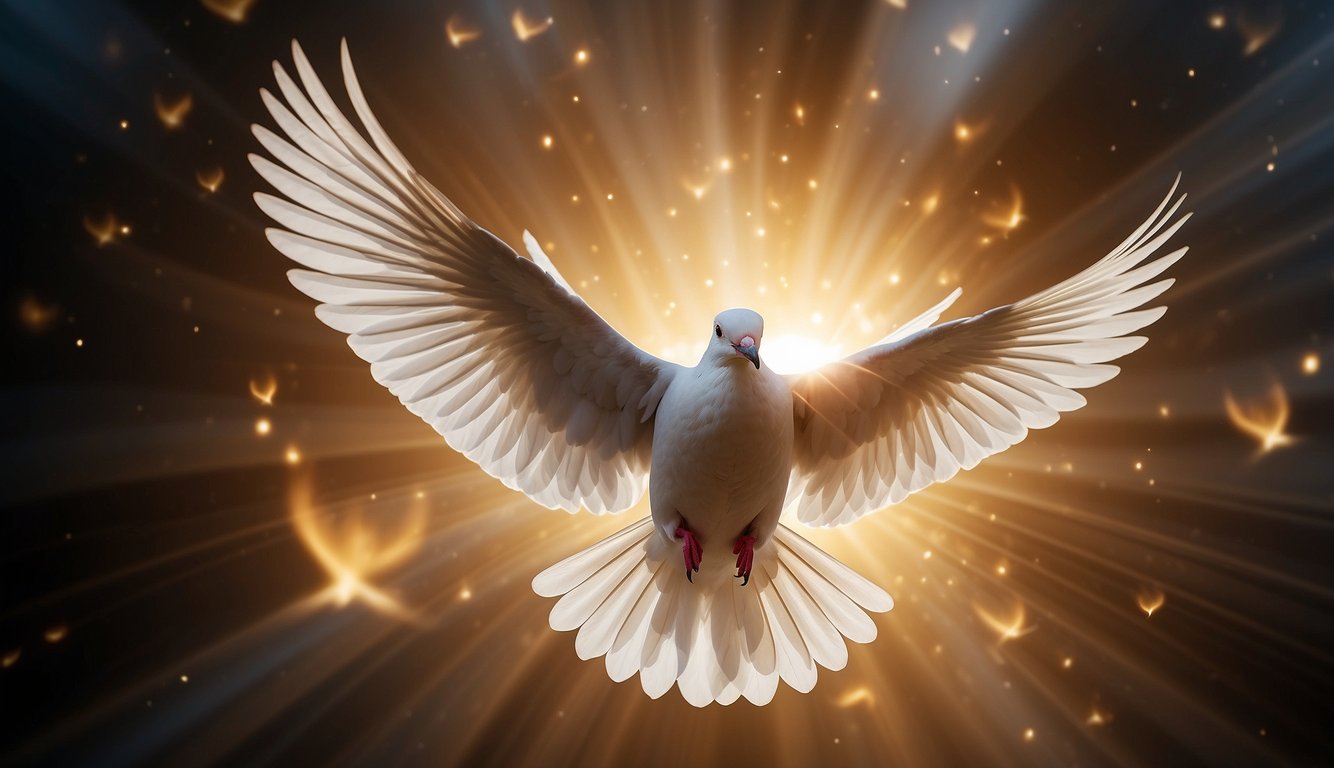 A dove descends from heaven, surrounded by a radiant light. A stream of tongues of fire appears, symbolizing the baptism of the Holy Spirit