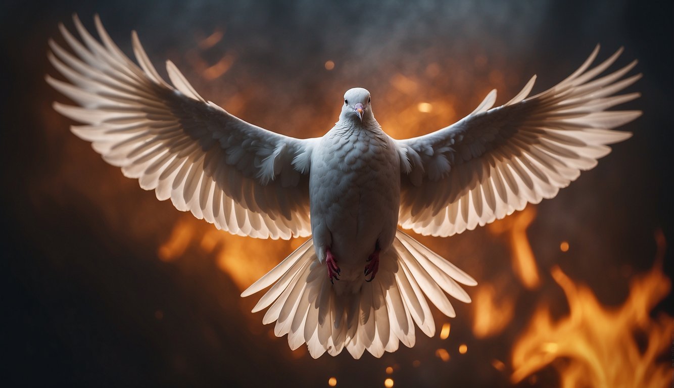 A radiant dove descends, enveloped in tongues of fire, as a symbol of the baptism of the Holy Spirit with the evidence of speaking in tongues