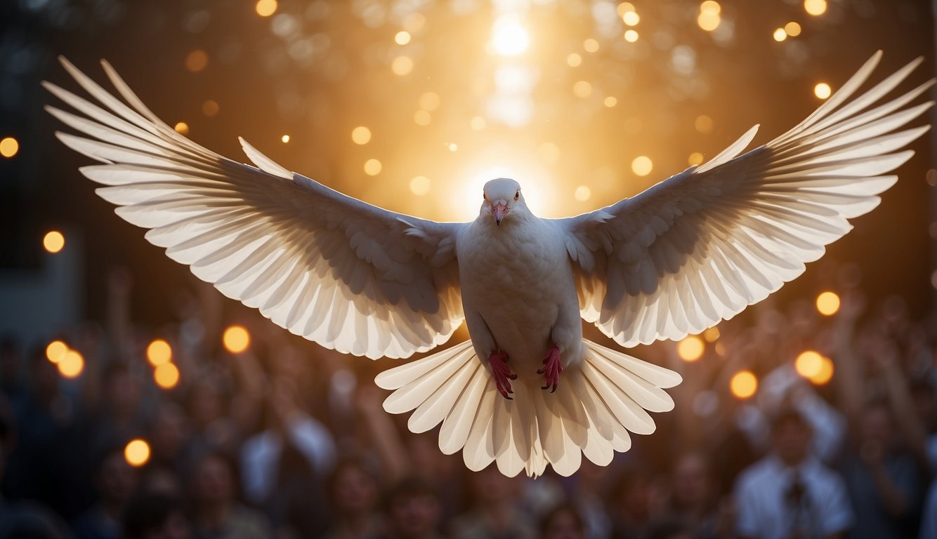 A dove descends, tongues of fire appear, and a radiant light surrounds a group of believers