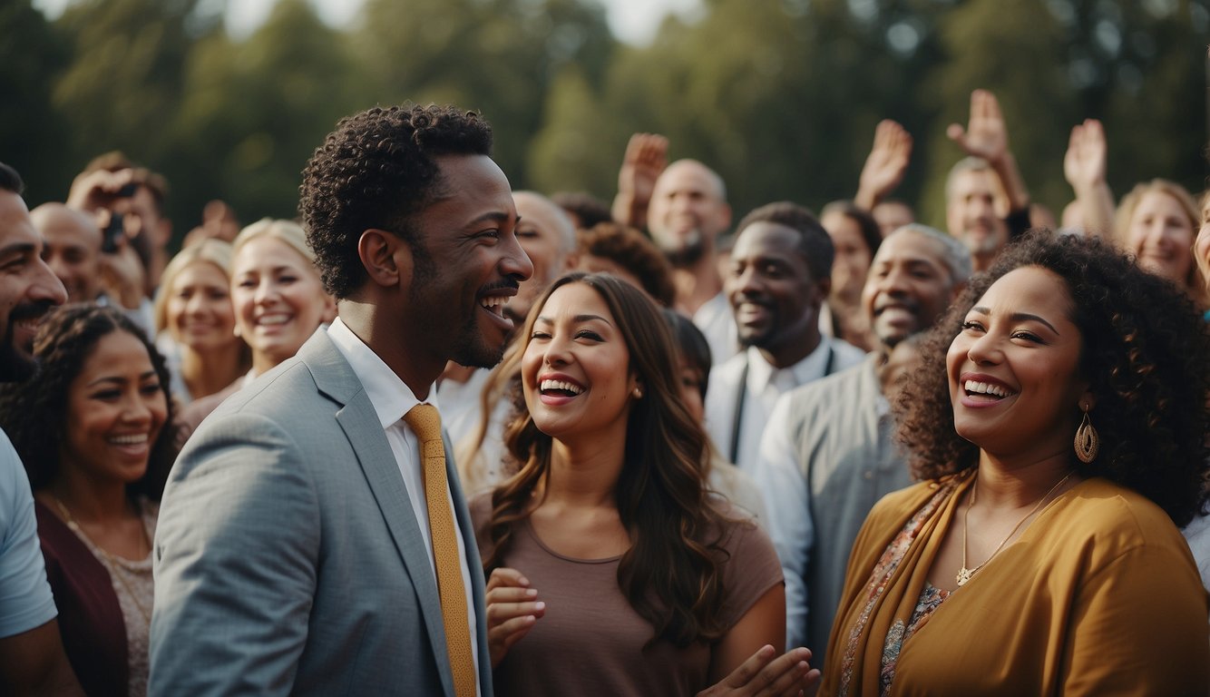 A group of people from different cultures and backgrounds stand together, their faces filled with joy and awe as they experience the baptism of the Holy Spirit, speaking in tongues