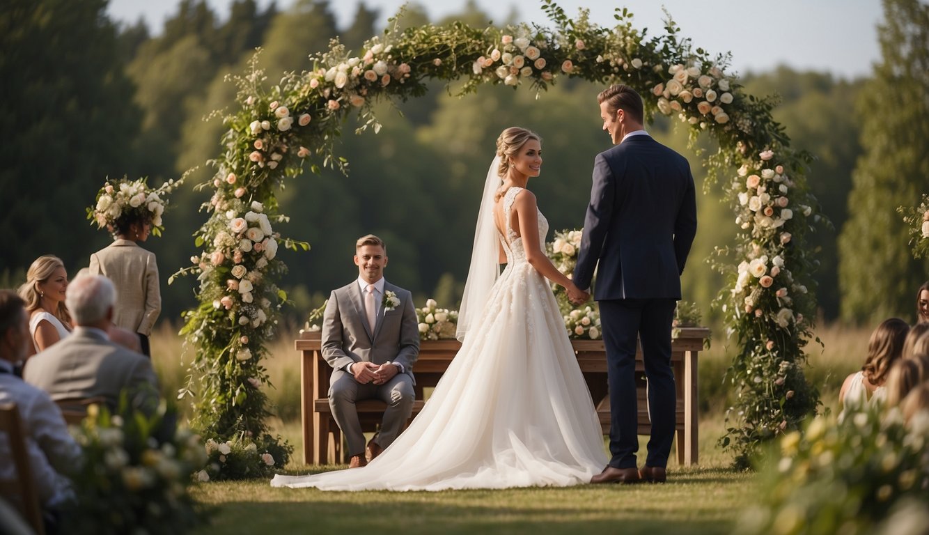 A camera set up on a tripod captures a picturesque outdoor wedding ceremony, with the bride and groom exchanging vows under a floral arch