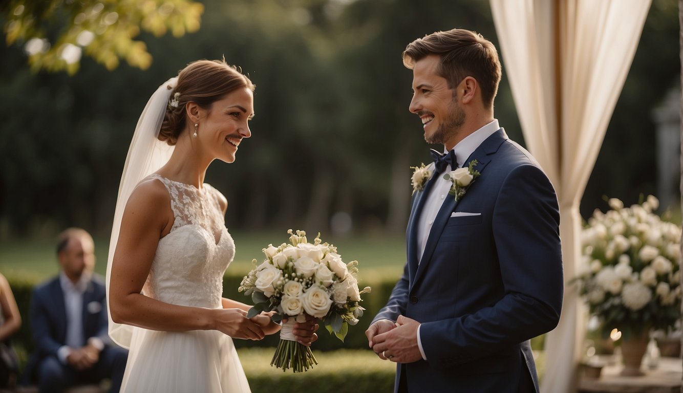 A bride and groom exchange vows in a picturesque outdoor setting as a freelance wedding videographer captures the intimate moments on film