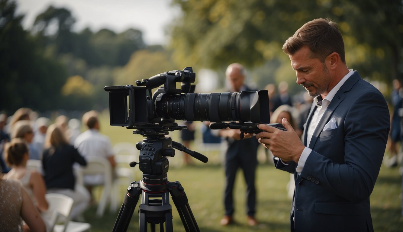 A wedding videographer sets up equipment, adjusts camera settings, and frames a shot of a ceremony
