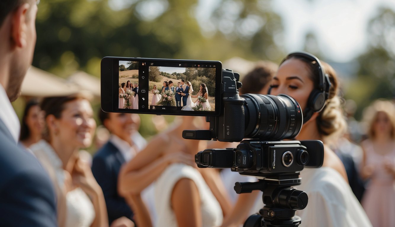 A person filming a wedding with a professional camera, capturing the couple's special moments. The person's branding materials, such as a logo and business cards, are displayed nearby
