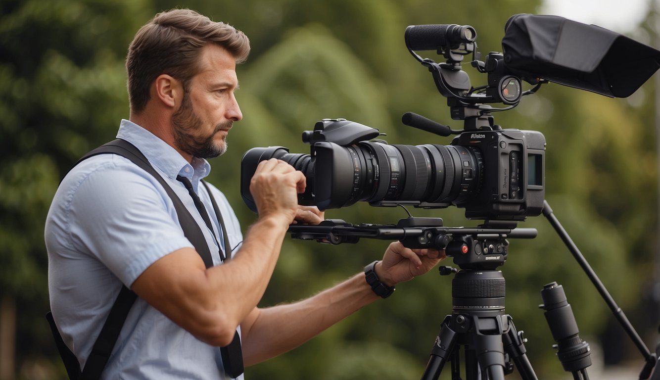 A wedding videographer selects and sets up camera equipment for a freelance project