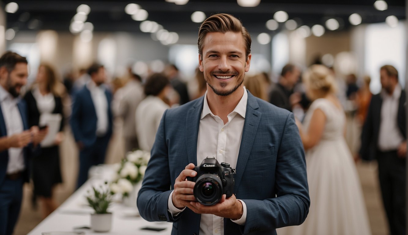 A wedding videographer holds a camera, smiling as they network with potential clients at a bridal expo. Business cards and brochures are scattered on the table