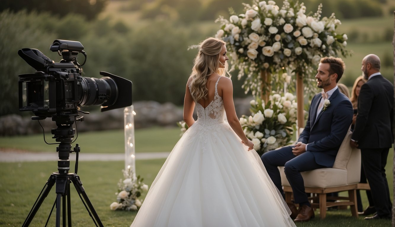 A wedding videographer sets up cameras and equipment, arranges lighting, and captures the ceremony and reception in a picturesque setting