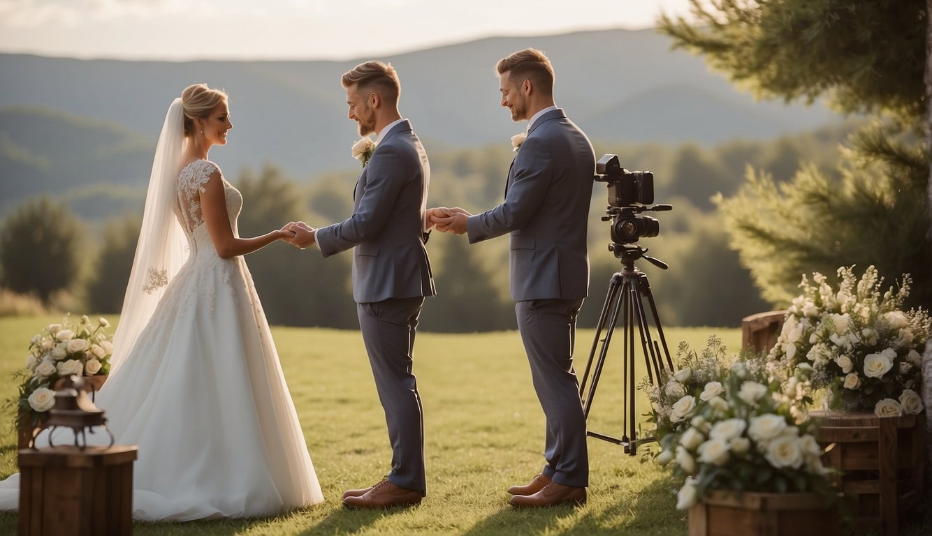 A camera on a tripod captures a bride and groom exchanging vows in a scenic outdoor setting, with soft natural lighting and a serene atmosphere