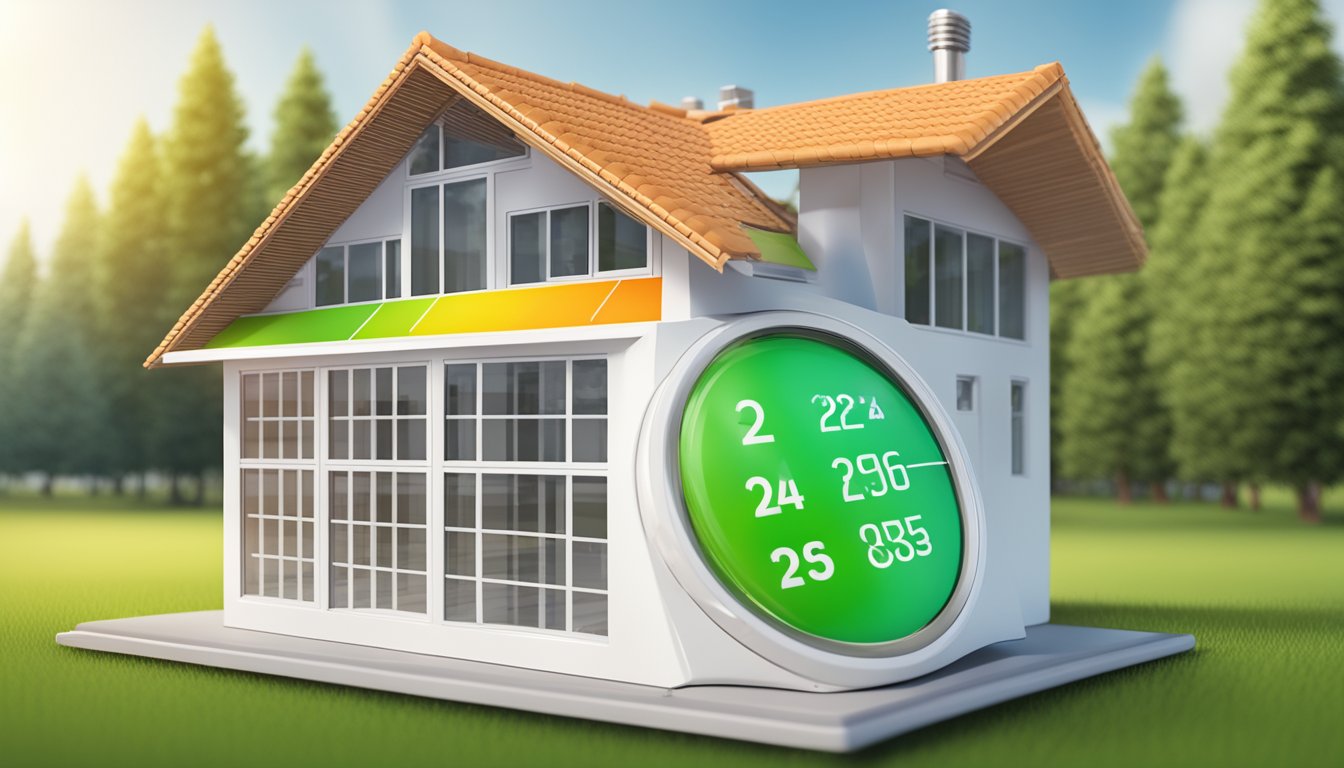 A calculator and a house with energy efficiency labels displayed, representing the calculation of the DPE in 2024
