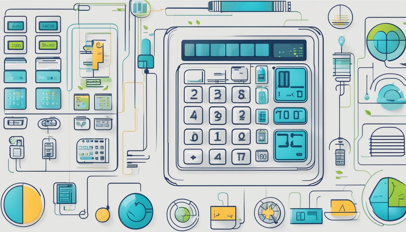 A futuristic energy calculator with changing data inputs and output results, surrounded by advanced technology and sustainability symbols