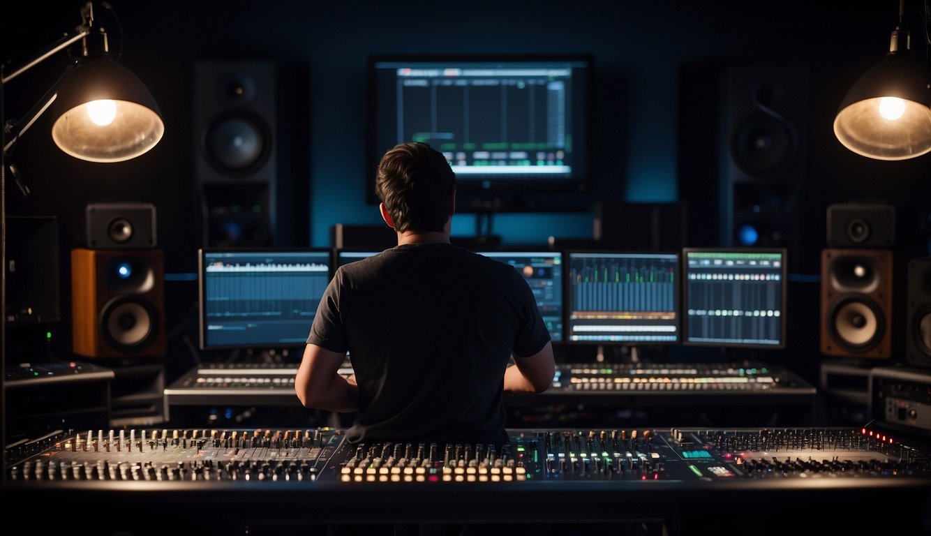 A sound engineer adjusts knobs on a mixing board, surrounded by various audio equipment and computer screens in a dimly lit studio