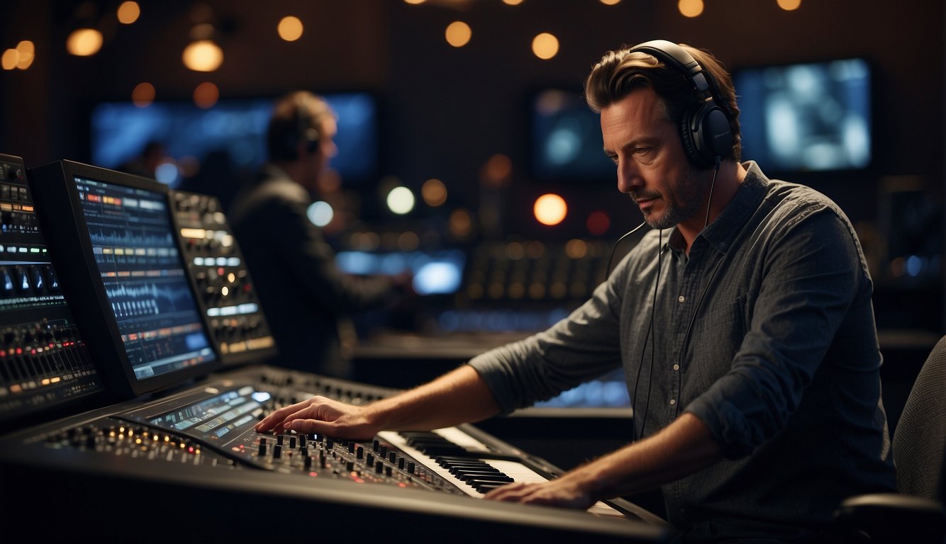 A sound designer sits at a mixing console, adjusting levels and adding effects to create the perfect audio ambiance for a film scene