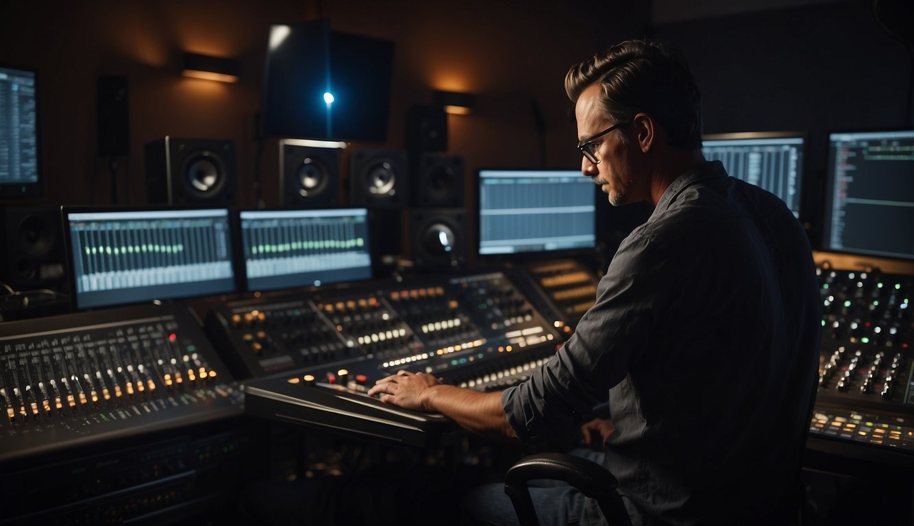 A sound designer adjusts audio levels on a mixing console, surrounded by various equipment and computer monitors in a dimly lit studio