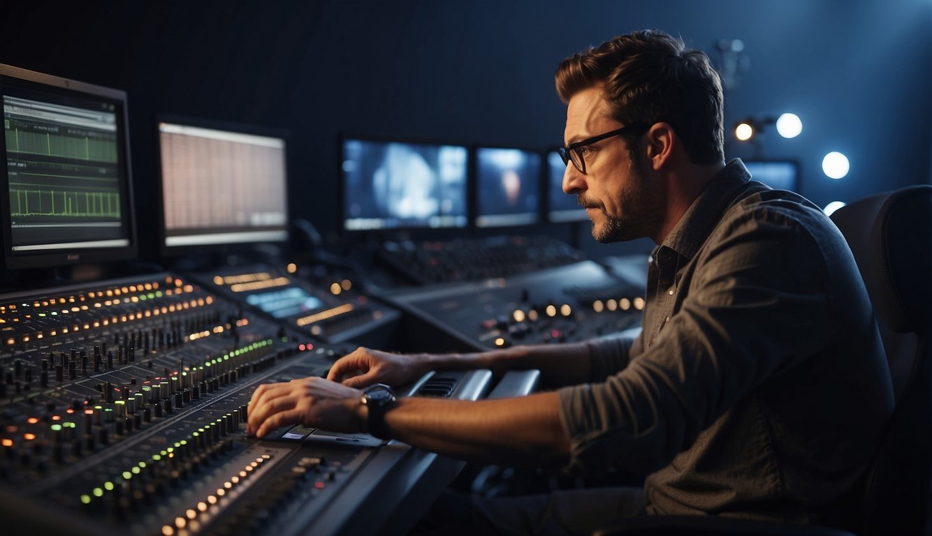 A film sound designer sits at a mixing console, adjusting levels and adding effects to create the perfect auditory experience for the audience