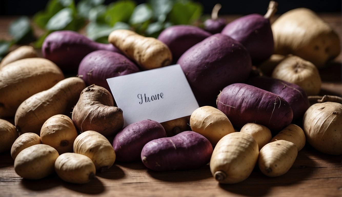 Various roots and tubers, like purple yams and water chestnuts, are arranged on a wooden table, with their names written on small cards next to each