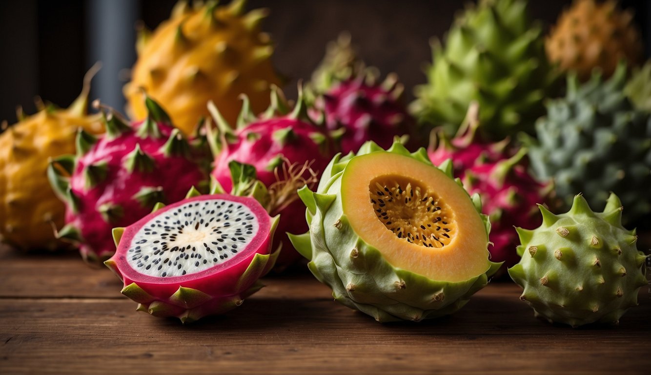 A colorful array of uncommon fruit-like vegetables, including dragon fruit, bitter melon, and horned melon, are displayed on a wooden table