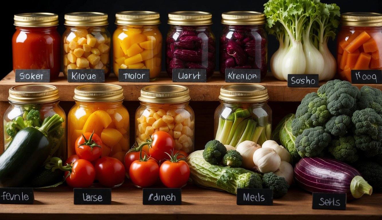A colorful array of unique vegetables arranged on a table, with labels displaying their nutritional profiles
