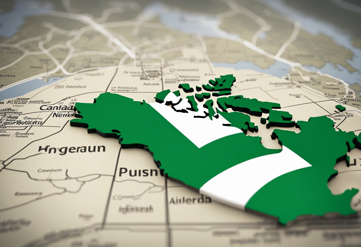 Nigerian flag flying over a map of Canada with a direct flight path marked