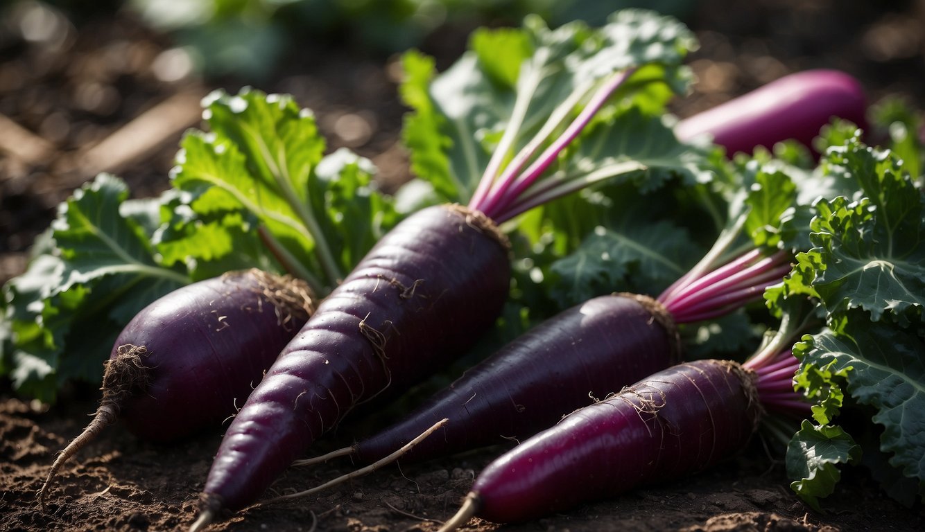 Unusual vegetables grow in a vibrant garden, including purple carrots, striped beets, and curly kale