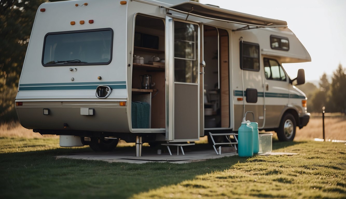 An RV with a water tank and pipes, using water for cooking, cleaning, and showering. The water level in the tank decreases throughout the day