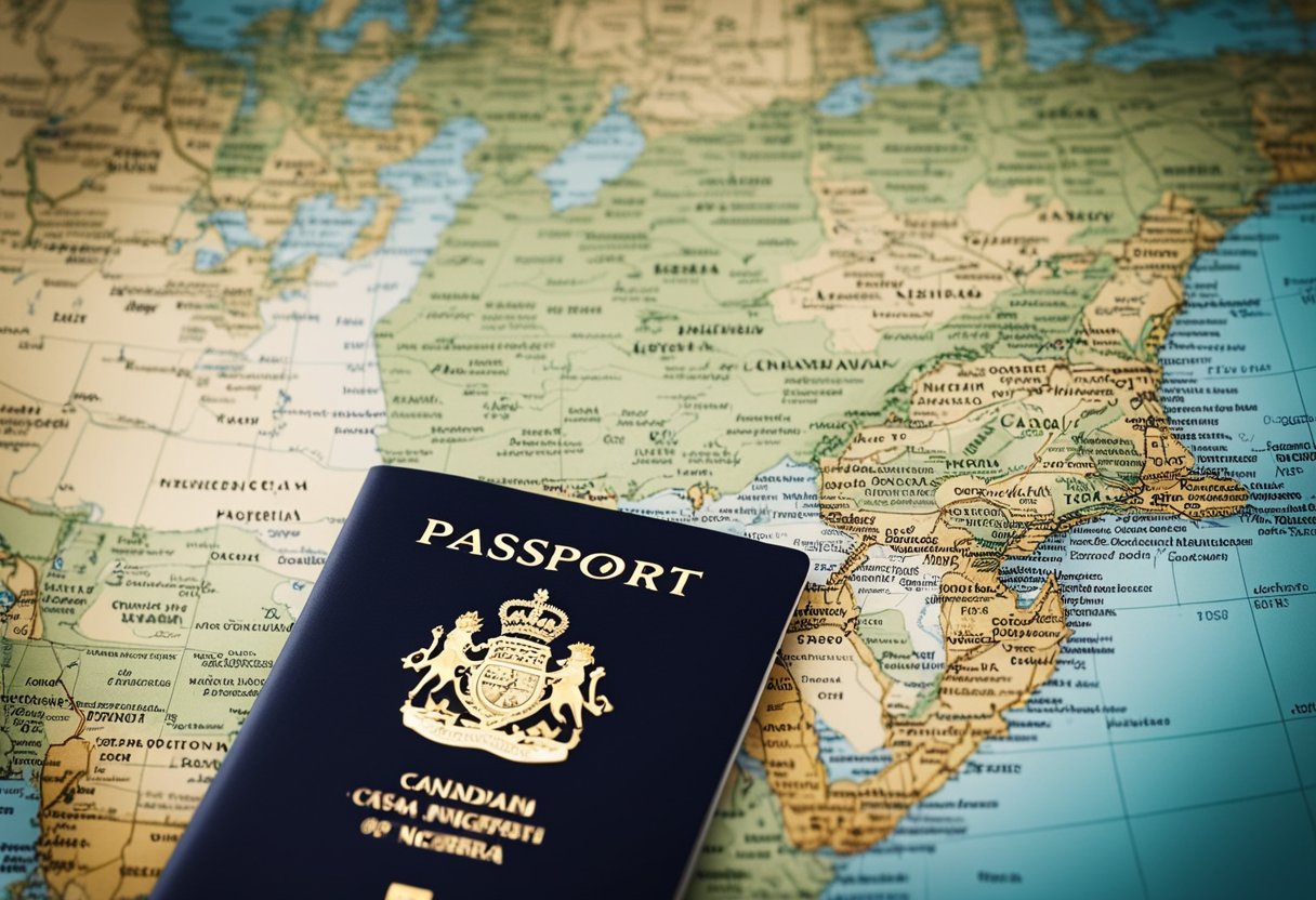 A passport with a Canadian visa stamp and a work permit document, with a map of Nigeria in the background